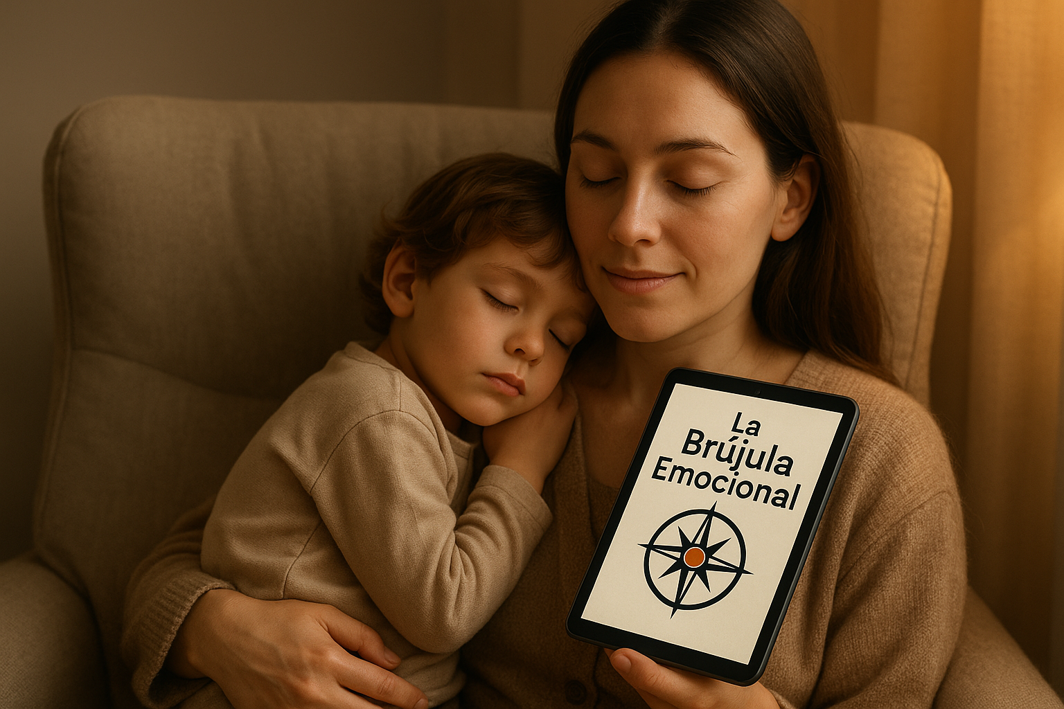 Qué debe mostrar la imagen:

Una madre sentada en un sillón, con su hijo apoyado tranquilo en su hombro.

La madre sostiene una tablet (o celular) en la que se ve la portada de tu ebook “La Brújula Emocional”.

Ambos tienen gestos de calma, cercanía y cariño