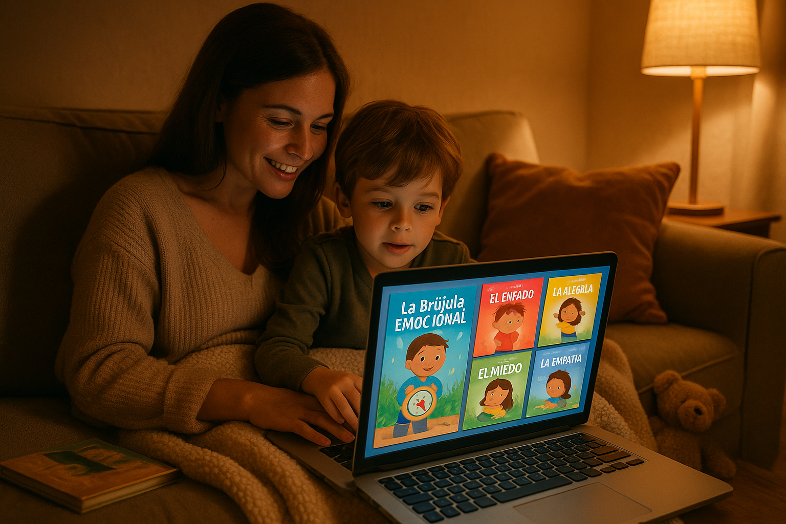Una escena familiar cálida (mamá, papá o mamá sola con hijo) en un entorno hogareño, pero en lugar de mostrar un único ebook, aparece una tablet o laptop con varias portadas de ebooks de la colección “La Brújula Emocional” visibles en pantalla, tipo catálogo digital.